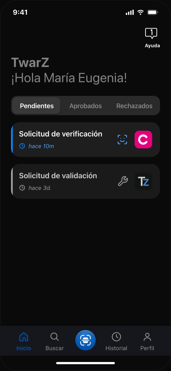 Pantalla de inicio de la app Twarz con solicitudes
