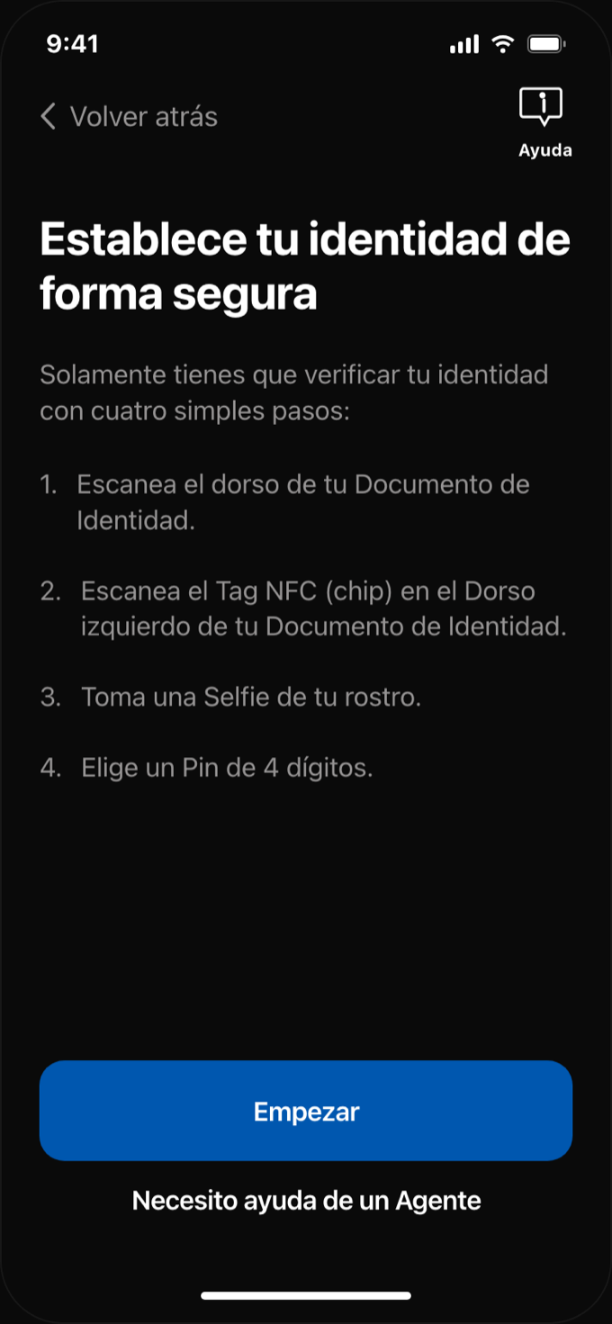 Pantalla de introducción al registro